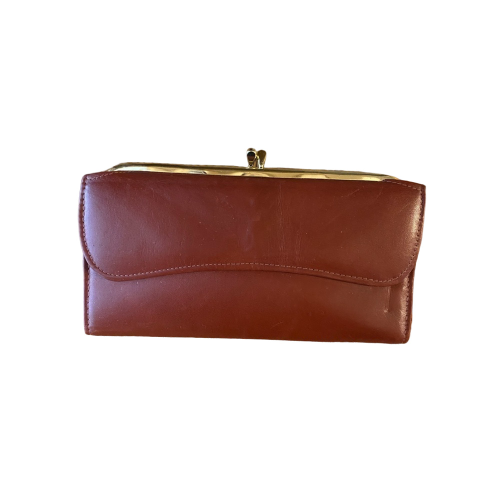 VTG Rolfs Leather Kiss Lock Swagger Clutch Wallet Brown Cowhide